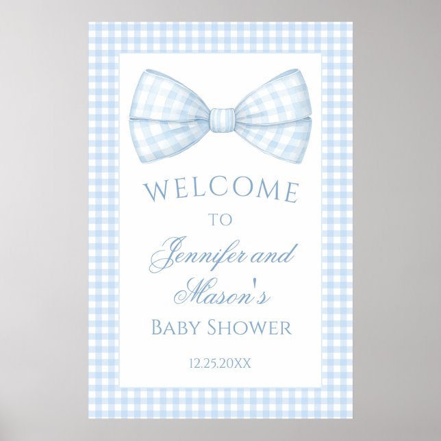 Cute preppy blue gingham bow tie baby boy shower poster (Front)