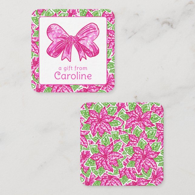 Cute Preppy Christmas Pink & Green Bow Enclosure Note Card (Front/Back)