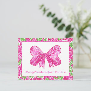 Cute Preppy Christmas Pink & Green Bow Holiday Postcard