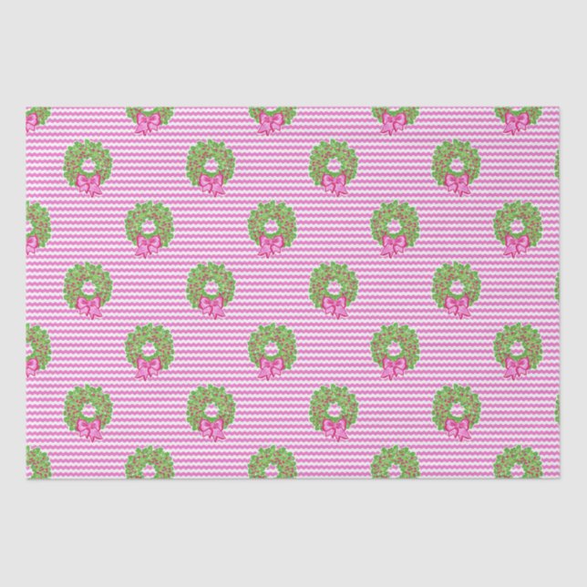 Cute Preppy Christmas Pink & Green Chevron Wreaths Tissue Paper (Front)