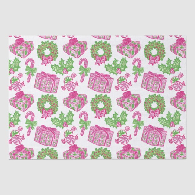 Cute Preppy Christmas Pink & Green Presents & Bows Tissue Paper (Front)
