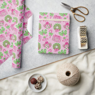 Cute Preppy Christmas Pink & Green Presents & Bows Wrapping Paper