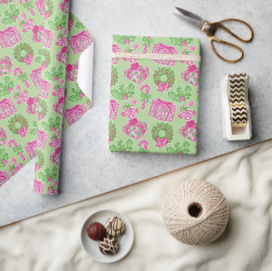 Cute Preppy Christmas Pink & Green Presents & Bows Wrapping Paper