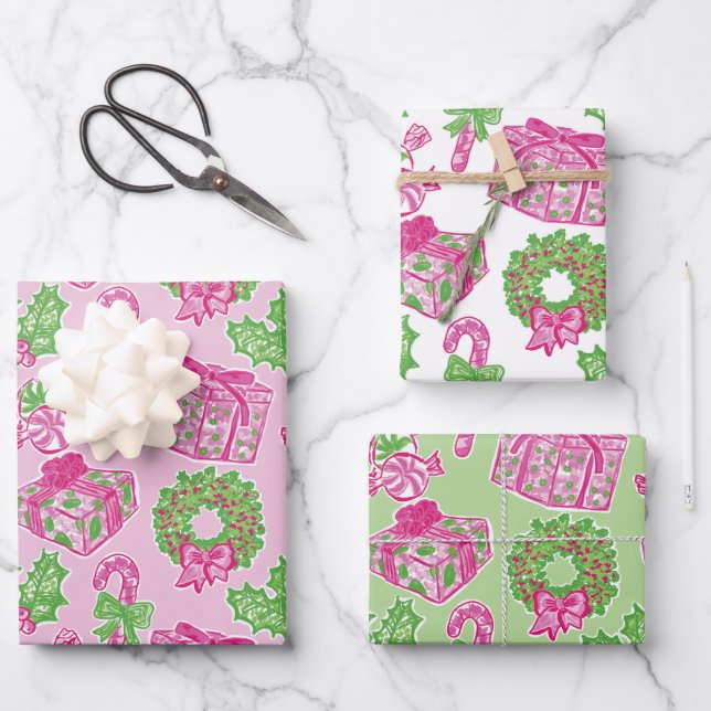 Cute Preppy Christmas Pink & Green Presents & Bows Wrapping Paper Sheets (Front)