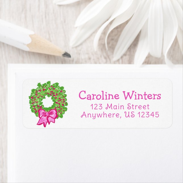 Cute Preppy Christmas Pink & Green Wreath Address Label (Insitu)