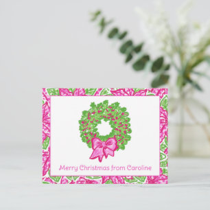 Cute Preppy Christmas Pink & Green Wreath Holiday Postcard