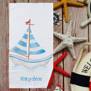 Cute Preppy Colorful Sailboat Boys Beach Towel