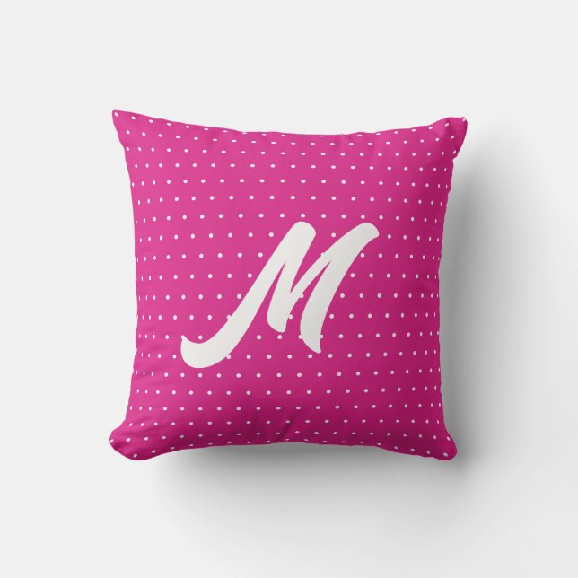 Cute preppy girly hot pink polka dots monogram throw pillow (Front)