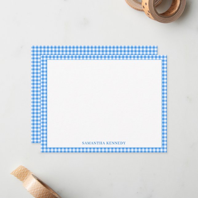 Cute Preppy Light Blue Gingham Border Personalized Note Card (Front/Back In Situ)