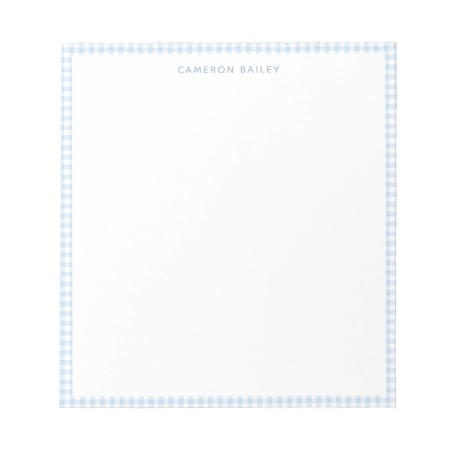 Cute Preppy Light Blue Gingham Plaid Personalized Notepad (Front)