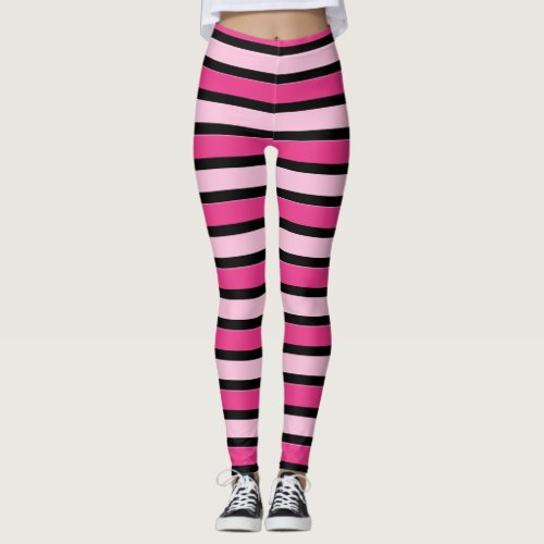 Cute Preppy Modern Pink  Black Stripes  Leggings