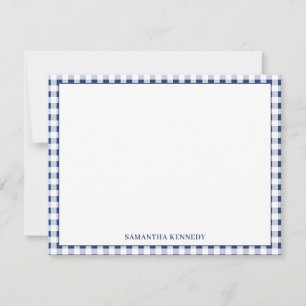Cute Preppy Navy Blue Gingham Border Personalized Note Card