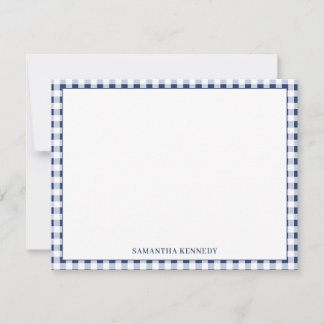 Cute Preppy Navy Blue Gingham Border Personalized Note Card