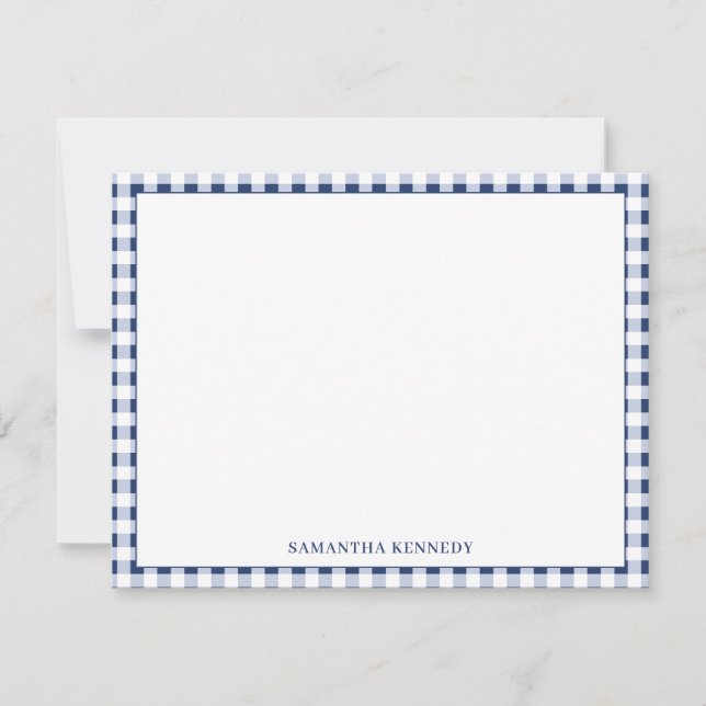 Cute Preppy Navy Blue Gingham Border Personalized Note Card (Front)