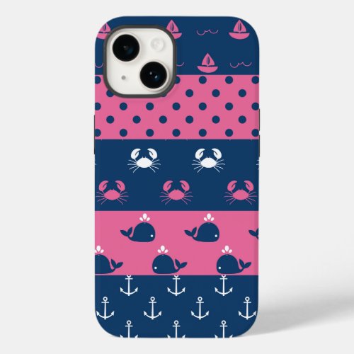Cute Preppy Pink and Navy Blue Nautical  Case_Mate iPhone 14 Case