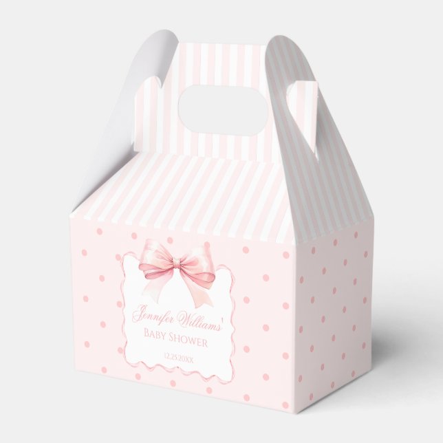Cute preppy pink bow ribbon baby girl shower favor boxes (Front Side)