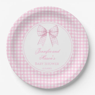 Cute preppy pink bow ribbon baby girl shower paper plates