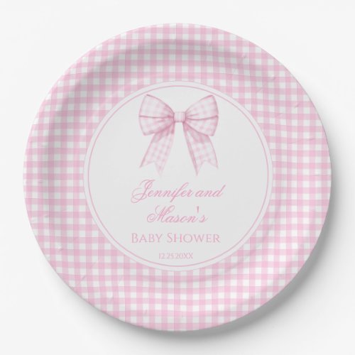 Cute preppy pink bow ribbon baby girl shower paper plates