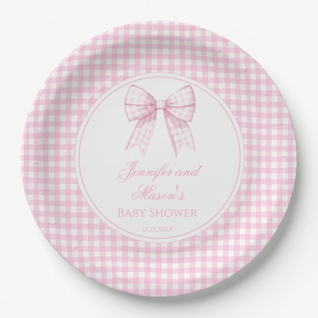 Cute preppy pink bow ribbon baby girl shower paper plates (Front)