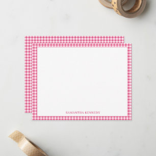 Cute Preppy Pink Gingham Border Personalized Note Card
