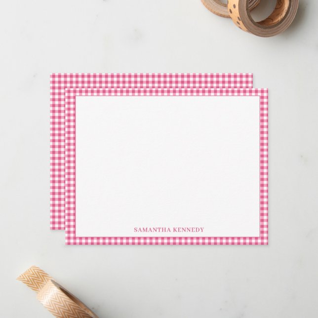Cute Preppy Pink Gingham Border Personalized  Note Card (Front/Back In Situ)