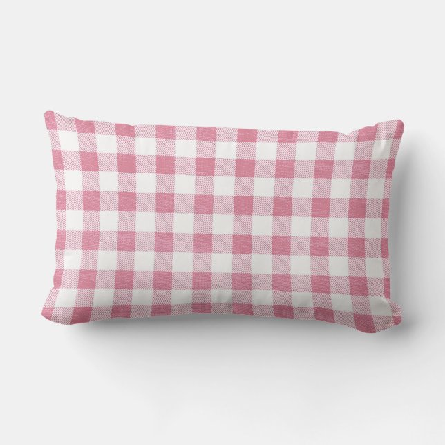 Cute Preppy Pink Gingham Plaid Pattern Lumbar Pillow (Back)