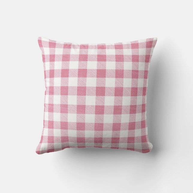 Cute Preppy Pink Gingham Plaid Pattern Throw Pillow (Back)