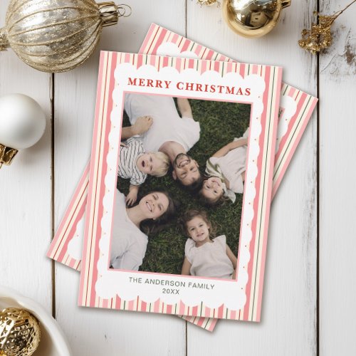 Cute Preppy Pink Striped Family Photo Christmas Holiday Card