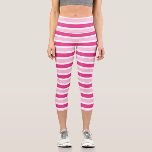 Cute Preppy Pink  White Stripes  Capri Leggings