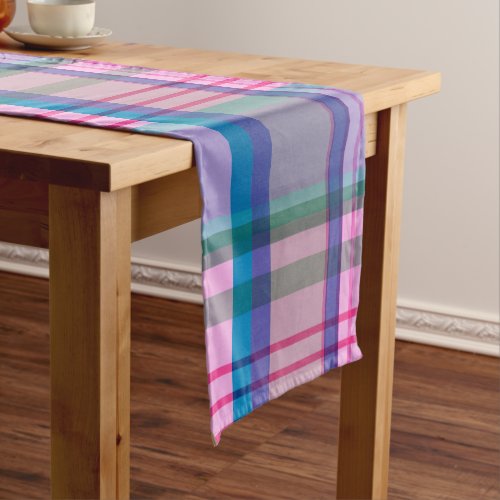Cute Preppy Retro Plaid Pattern in Pink and Blue  Short Table Runner
