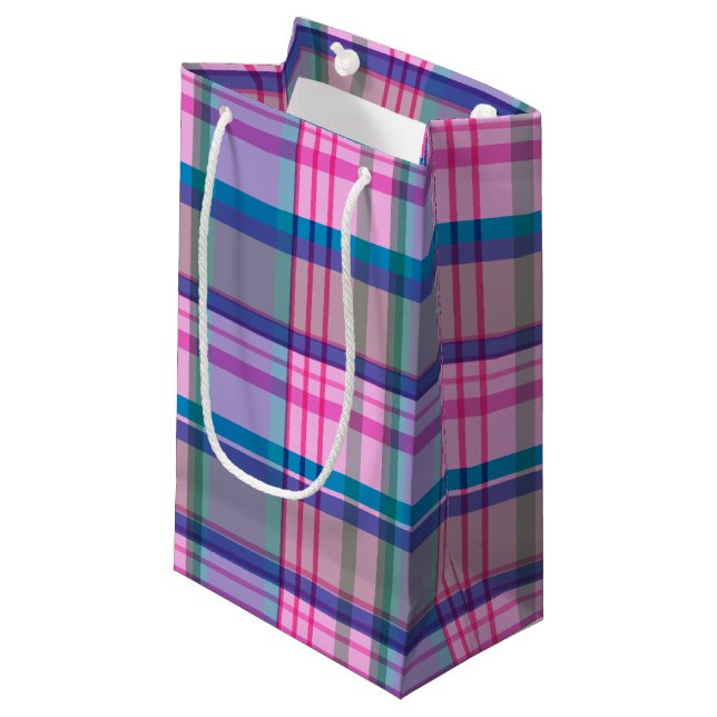 Cute Preppy Retro Plaid Pattern in Pink and Blue   Small Gift Bag (Front Angled)