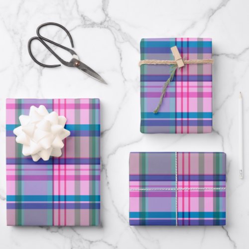 Cute Preppy Retro Plaid Pattern in Pink and Blue Wrapping Paper Sheets