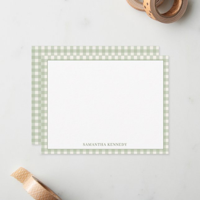 Cute Preppy Sage Green Gingham Border Personalized Note Card (Front/Back In Situ)