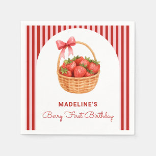 Cute Preppy Striped Berry First Birthday Napkins