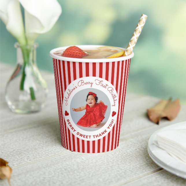 Cute Preppy Striped Berry First Girl Birthday Paper Cups (Insitu)