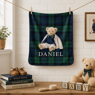Cute Preppy Teddy Bear Boy Plaid Baby Blanket