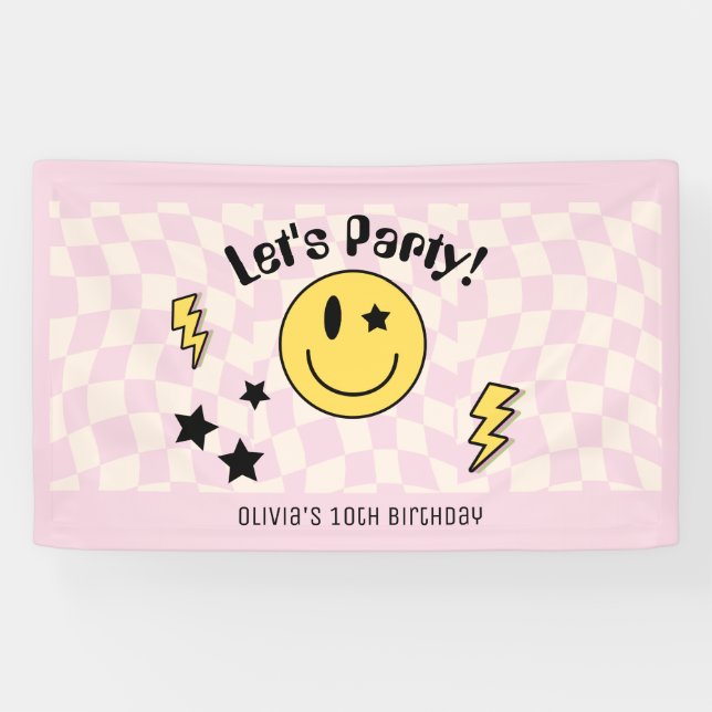 Cute Preppy Y2K Pink Retro Birthday Party Banner (Horizontal)