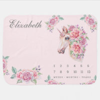 Cute Pretty Blush Pink Floral Unicorn Milestone Baby Blanket