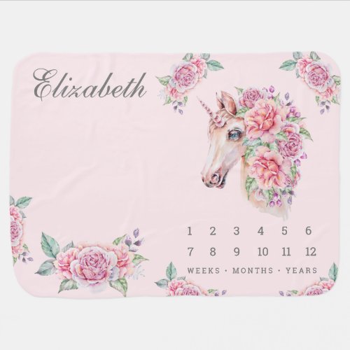 Cute Pretty Blush Pink Floral Unicorn Milestone Baby Blanket