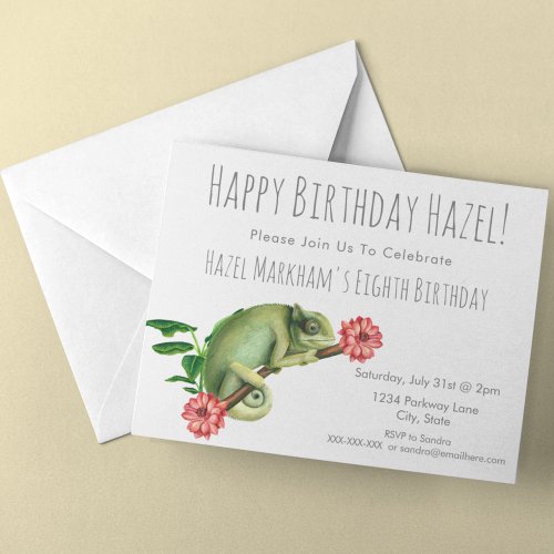 Cute Pretty Chameleon Floral 8th Kids Birthday Invitation