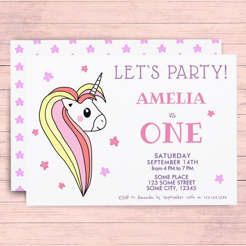 Cute Pretty Colorful Unicorn 1st Birthday Invitation