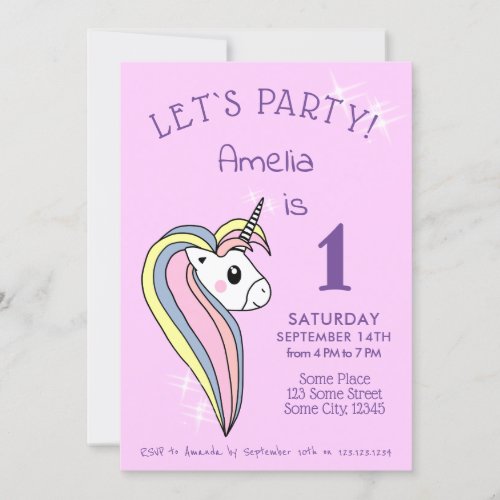 Cute Pretty Colorful Unicorn Sparkles 1st Birthday Invitation