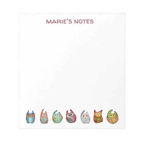 Cute Pretty Colorful Watercolor Owl Blank Notepad