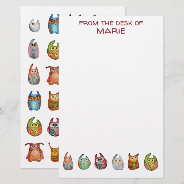 Cute Pretty Colorful Watercolor Owls Modern Stationery (Front/Back)