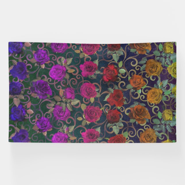       Cute Pretty Damask Rainbow Roses With Swirls Banner (Horizontal)