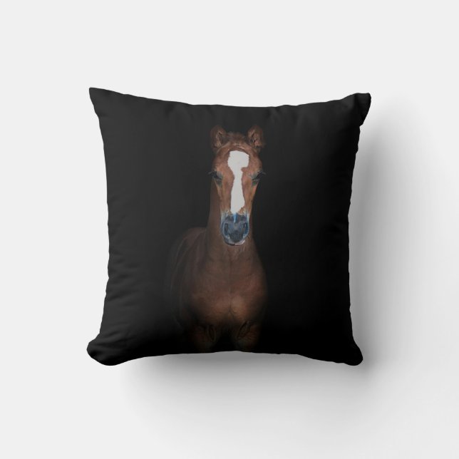 Cute pretty foal horse black background throw pillow (Front)