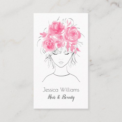 Cute pretty girl with pink watercolor roses_Floral Appointment Card