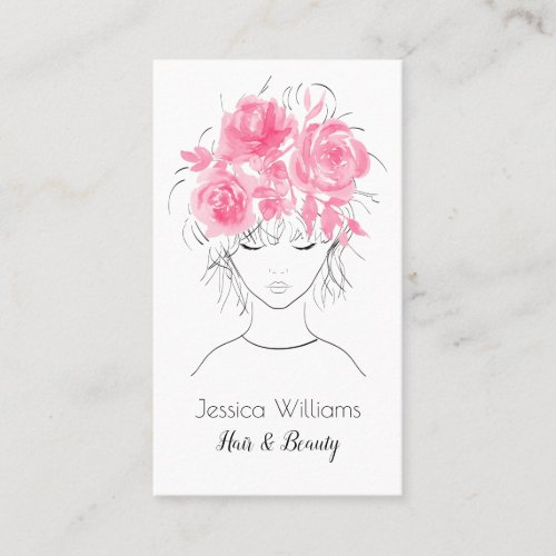 Cute pretty girl with pink watercolor roses_Floral Business Card