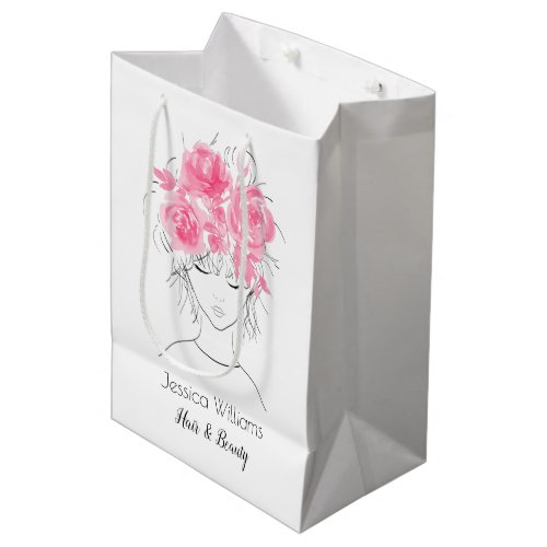 Cute pretty girl with pink watercolor roses_Floral Medium Gift Bag