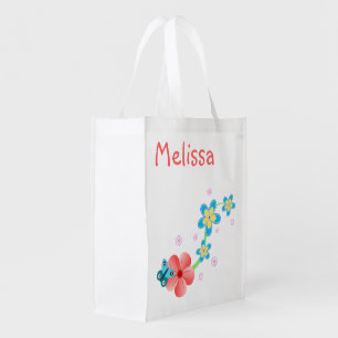 Cute Pretty Girly Butterfly on Pink & Blue Flowers Grocery Bag